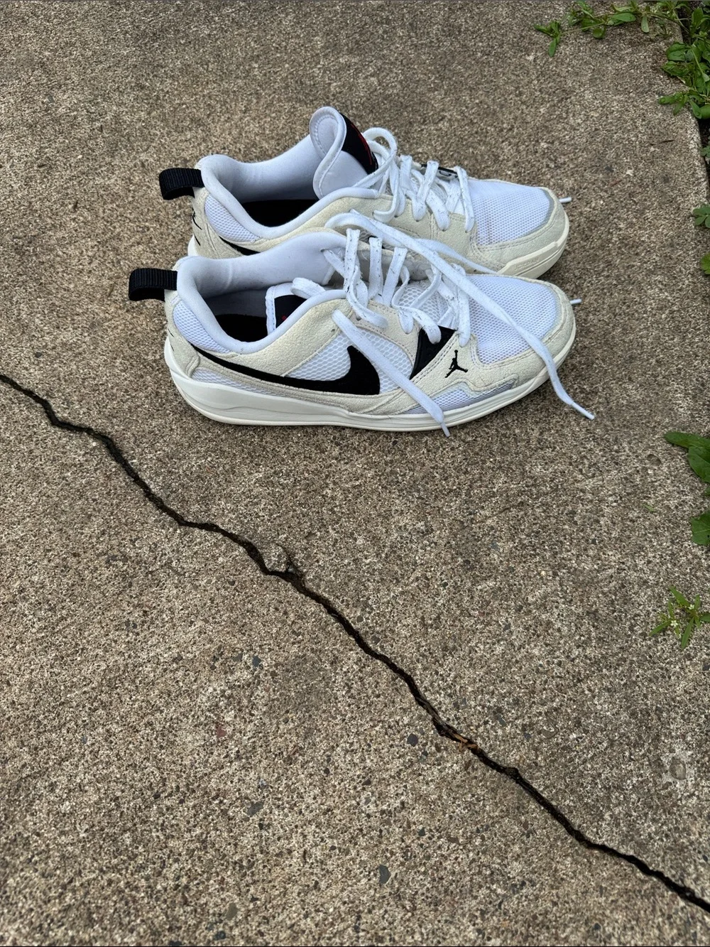 Nike Jordan Men’s White and Black Low-Top Sneakers with Red Logo